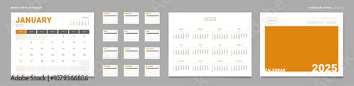Set of 2025 Pages Monthly Calendar Planner Templates, Cover with Place for Photo, Company Logo, Annual. Vector pages size Letter -8.5x11 in for wall or desk calendar with 2 weekend. Week start Sunday