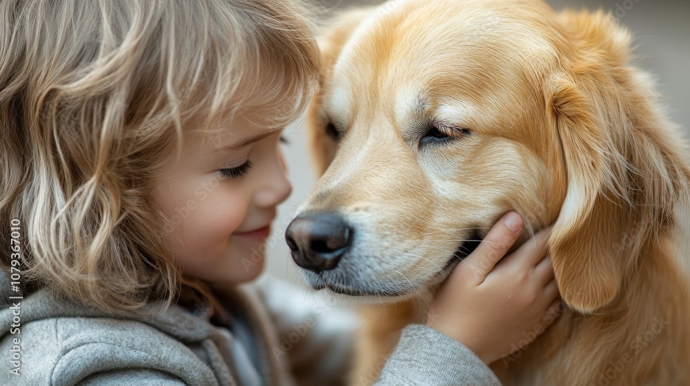 A close-up of a child gently petting a golden retriever, both displaying expressions of affection A close-up of a child gently petting a golden retriever, both displaying expressions of affection