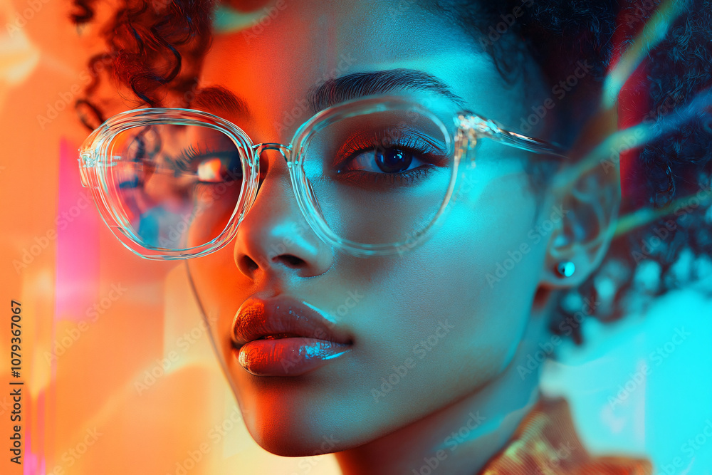 A close-up of a woman with large transparent glasses illuminated by vibrant neon colors creating a futuristic and stylish look
A close-up of a woman with large transparent glasses illuminated by vibrant neon colors creating a futuristic and stylish look