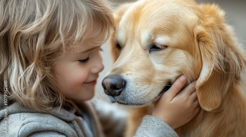 A close-up of a child gently petting a golden retriever, both displaying expressions of affection