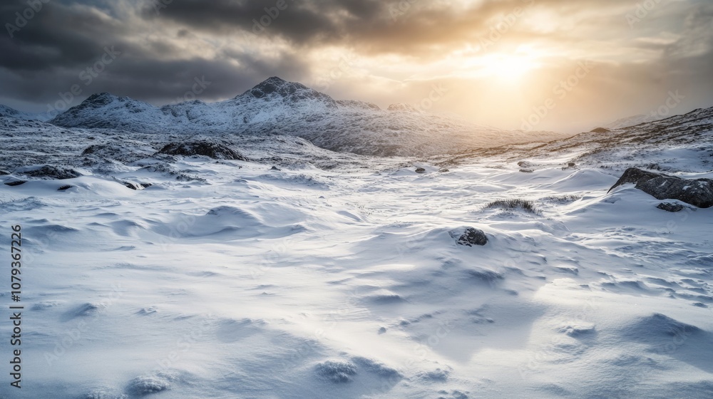 Fototapeta premium Snowy Landscape with Mountains at Sunrise in a Cold Winter Scene