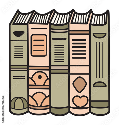 Bohemian Books Vector Clip Art: An artful book collection vector with hand-drawn lines and eclectic, bohemian accents.