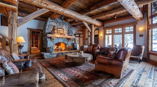 Rustic living room with wooden beams, a stone fireplace, and a leather armchair, exuding coziness