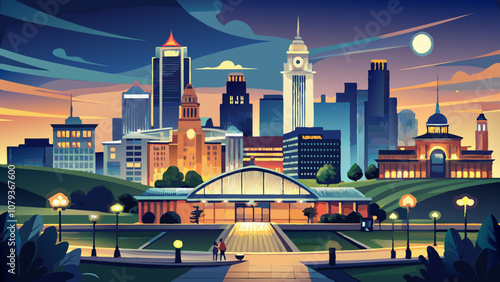 Kansas City skyline by night, viewed from Liberty Memorial Park, near Union Station. Kansas City is the largest city in Missouri.