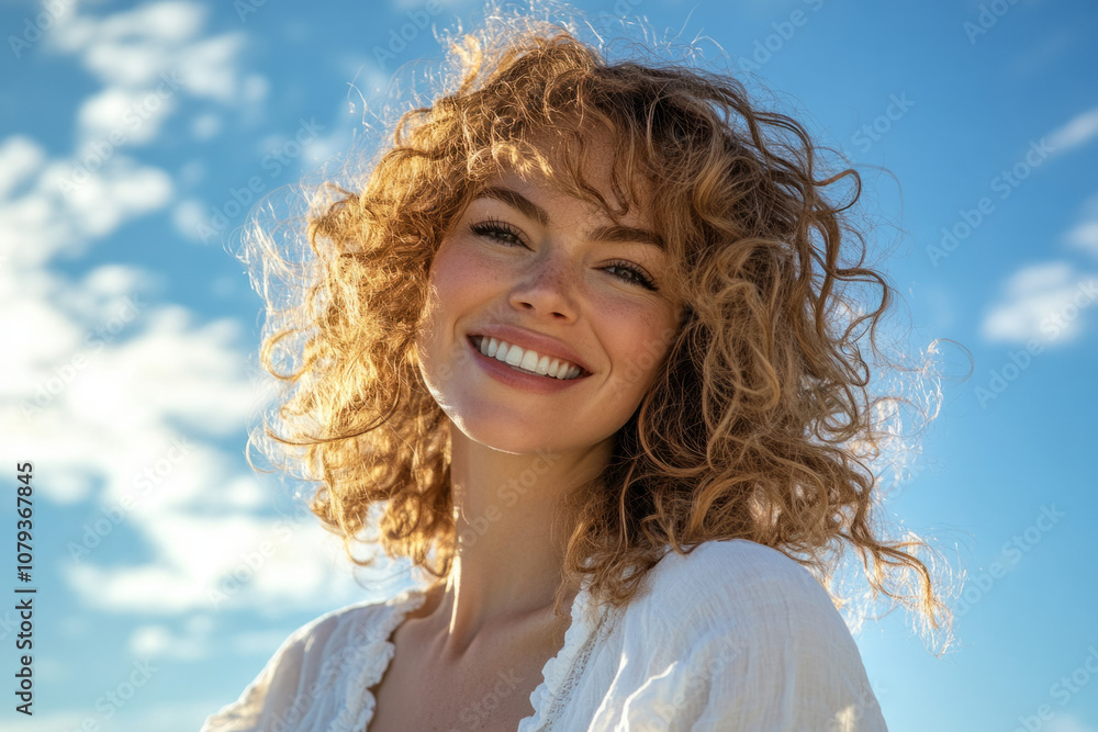 Smiling woman with curly hair enjoys the sunny sky during a bright day Smiling woman with curly hair enjoys the sunny sky during a bright day