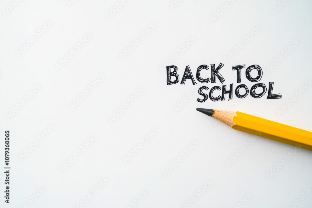 Bright yellow pencil next to back to school text on white background