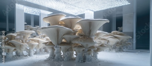 Grey oyster mushrooms growing in a climate controlled room with regulated lighting and temperature innovative household agriculture for sustainable food production photo