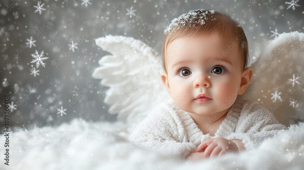 Serene angelic baby portrait with snowflakes for holiday cards and decor Serene angelic baby portrait with snowflakes for holiday cards and decor