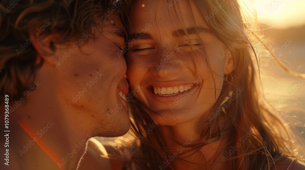 Couple sharing a joyful moment during sunset at the beach Couple sharing a joyful moment during sunset at the beach