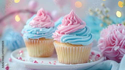 Pink and Blue Cupcakes for Gender Reveal Party with Sprinkles and Soft Background.