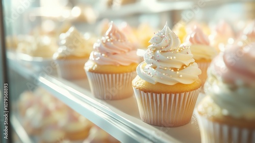 Delicious cupcakes displayed in a glass case with colorful frosting and sprinkles, tempting every sweet tooth in sight.