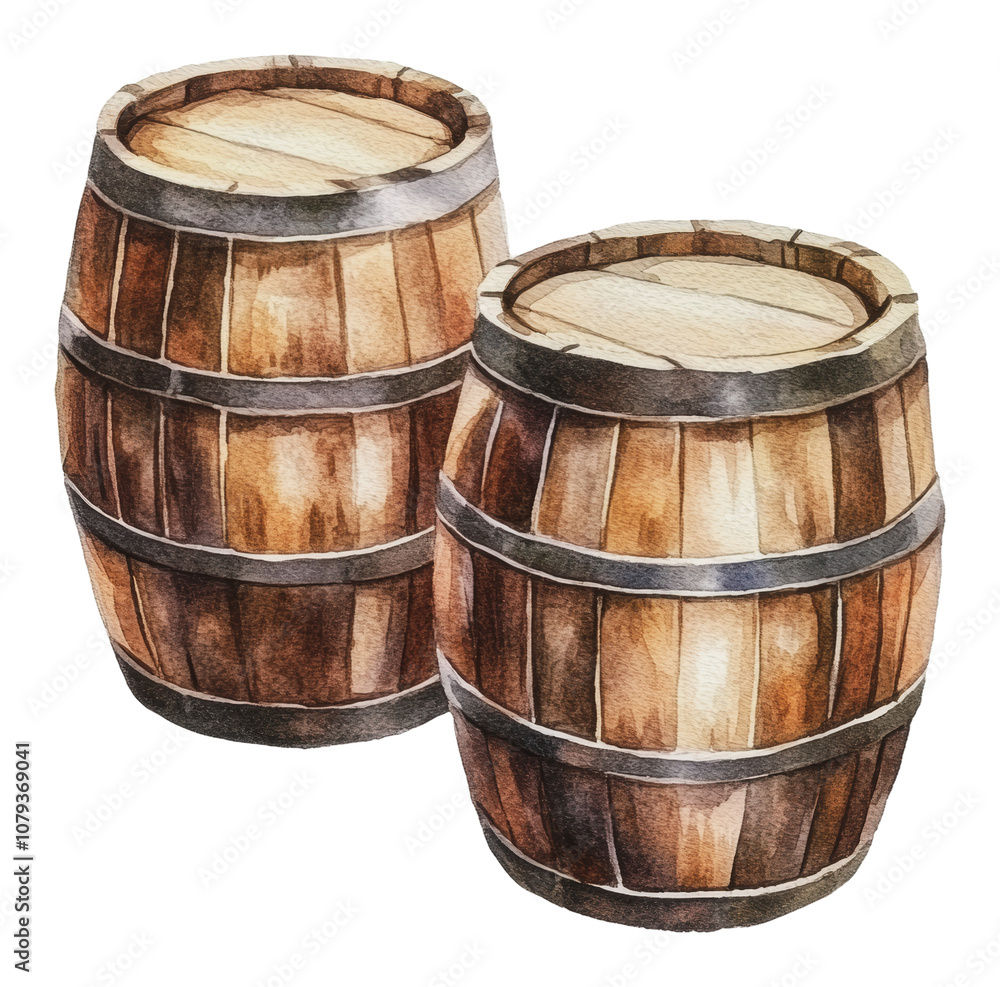 Fototapeta premium PNG Two wooden barrels illustrated in a rustic style
