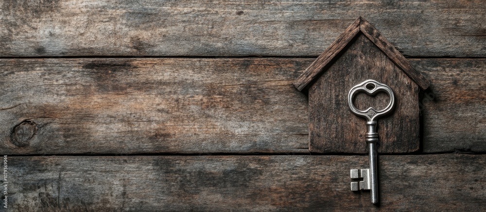 House symbol with silver key on rustic wooden backdrop representing homeownership and security House symbol with silver key on rustic wooden backdrop representing homeownership and security
