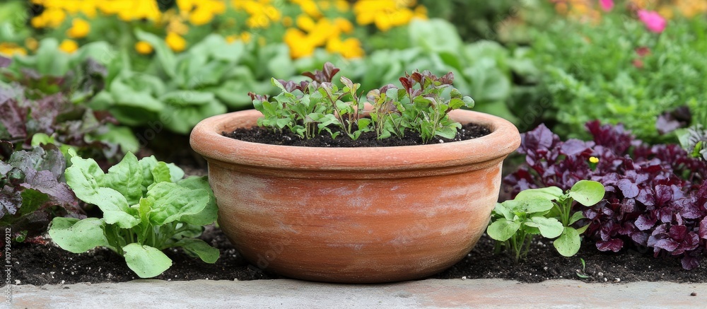 Handcrafted clay pot surrounded by vibrant seedlings showcasing a thriving homemade garden environment Handcrafted clay pot surrounded by vibrant seedlings showcasing a thriving homemade garden environment