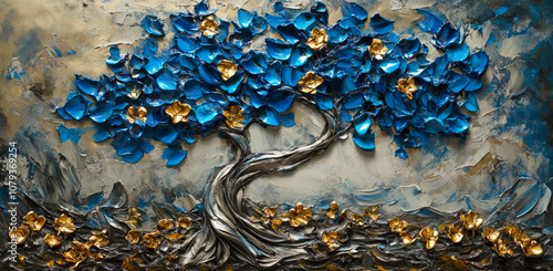 Blue and gold tree artwork with textured petals on a subtle background photo