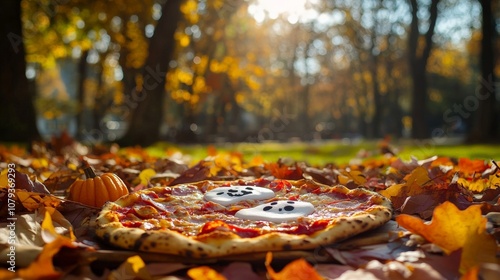 Delicious pizza on colorful autumn leaves in the park, sun shining through branches, inviting atmosphere for a meal outdoors.