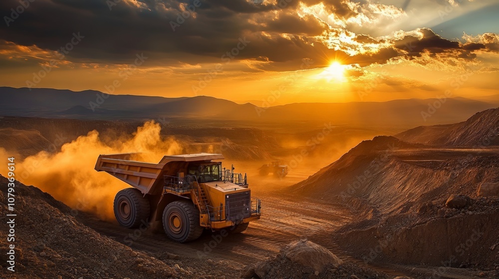Massive dump truck working in a beautiful sunset, capturing the power of nature and machinery in stunning landscape. Massive dump truck working in a beautiful sunset, capturing the power of nature and machinery in stunning landscape.