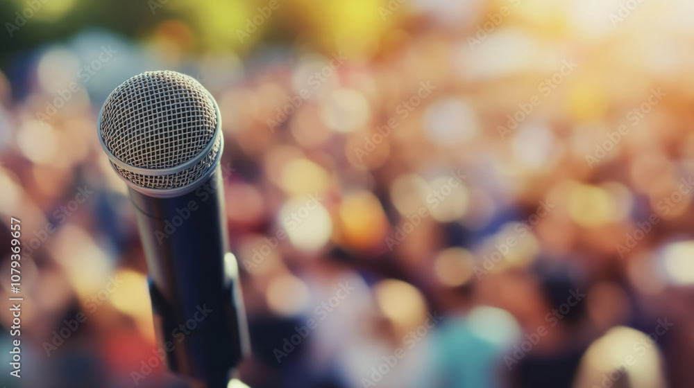 Microphone positioned before a large, blurred crowd during an outdoor event Microphone positioned before a large, blurred crowd during an outdoor event