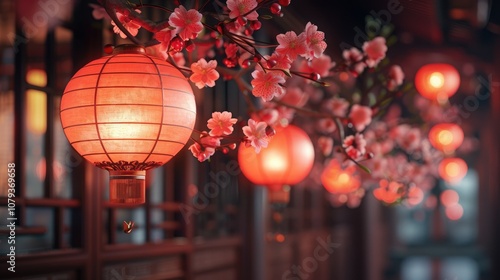 Red lanterns and cherry blossoms hang from a traditional building.