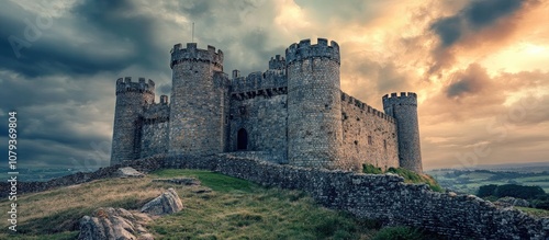 Imposing medieval castle set against a dramatic sky showcasing architectural grandeur and historical significance