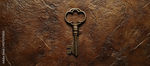 Key with keyholder resting on a textured brown surface ideal for lifestyle and security themes photo