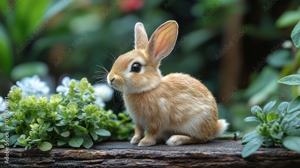 Fototapeta premium Adorable brown bunny rabbit sitting on a wooden fence in a garden.