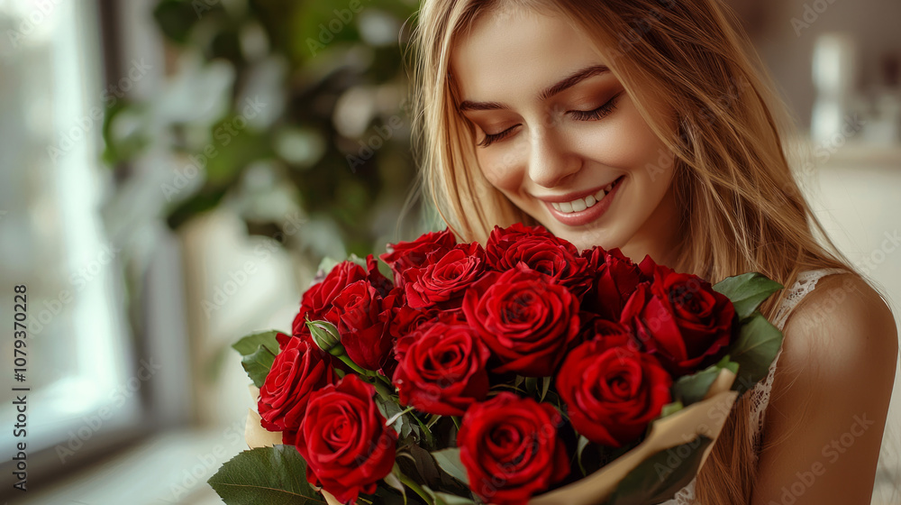 Young woman smiles joyfully while holding a bouquet of red roses indoors Young woman smiles joyfully while holding a bouquet of red roses indoors