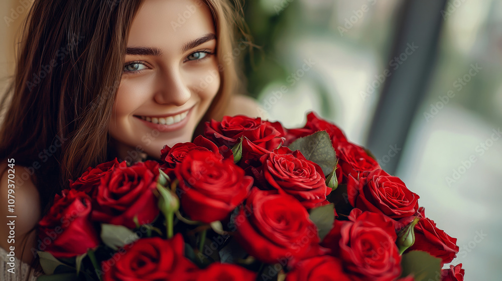 Young woman smiling while holding a bouquet of red roses indoors Young woman smiling while holding a bouquet of red roses indoors