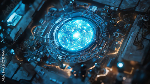 Fototapeta A futuristic processor chip emitting a soft blue light, surrounded by tiny mechanical components