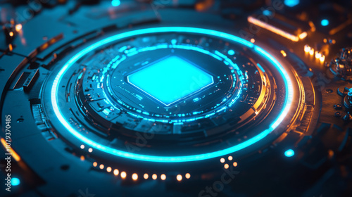 Plakat A futuristic processor chip emitting a soft blue light, surrounded by tiny mechanical components