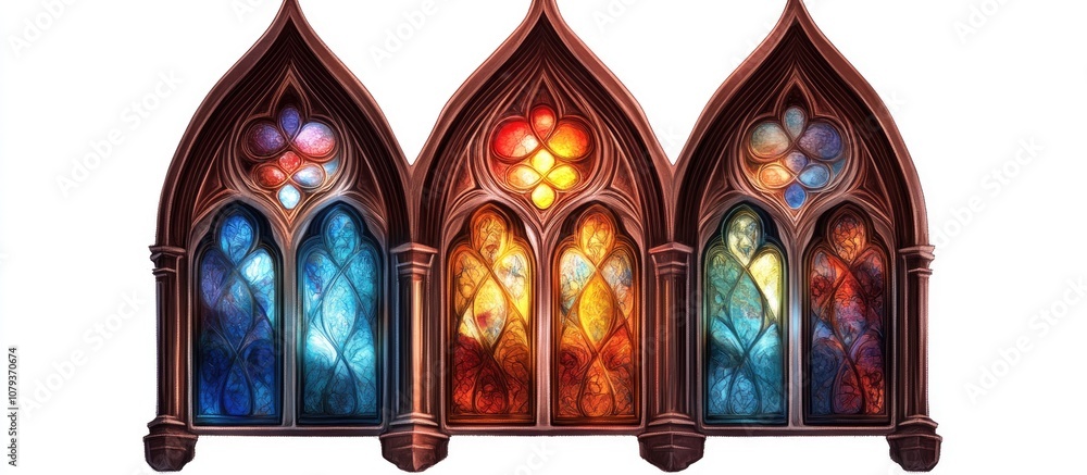 Gothic style window with intricate stained glass and pointed arches ...