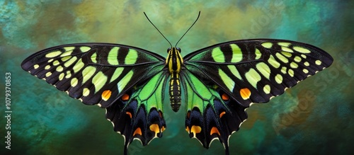 Graphium Codrus tropical swallowtail butterfly with vibrant green and yellow spotted wings showcased in an exotic framed collection photo