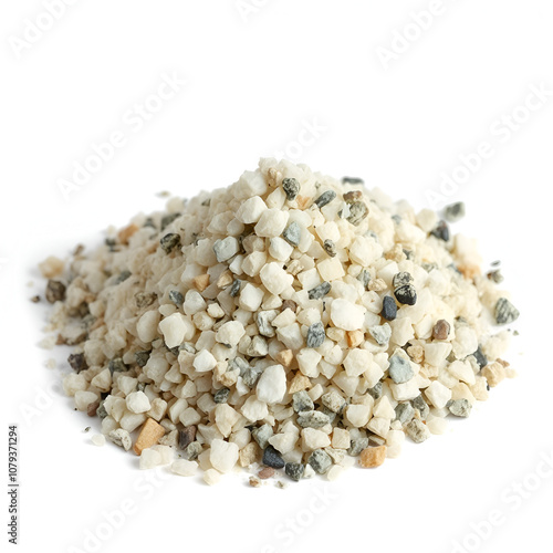 Crushed stones of the valuable mineral zeolite. Small pebble fragments are piled in a cone-shaped heap. Isolated.