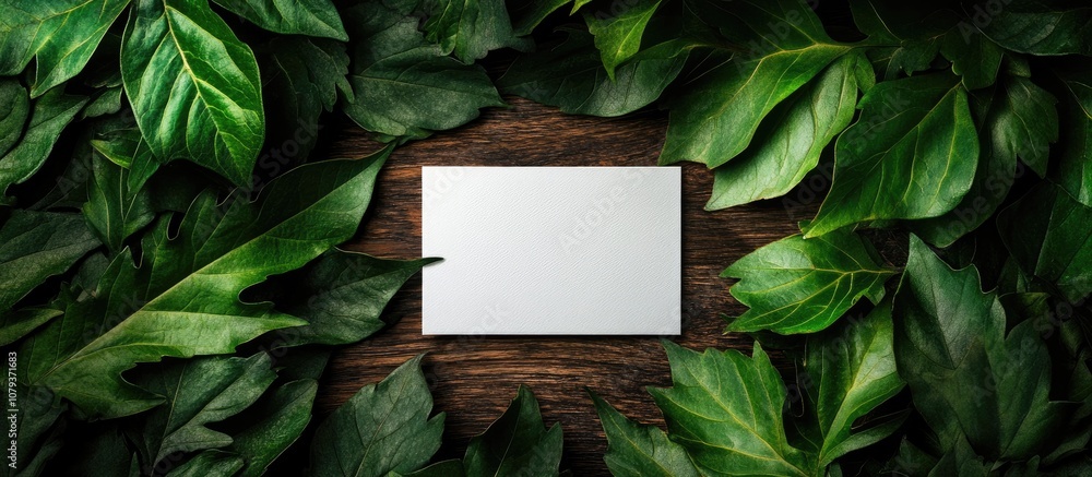Fresh green leaves surrounding a blank paper card on a wooden surface ideal for mockups and creative designs Fresh green leaves surrounding a blank paper card on a wooden surface ideal for mockups and creative designs