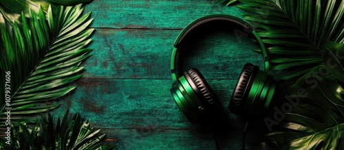 Flat lay of vibrant tropical leaves with retro headphones on a rustic wooden background ideal for travel inspiration and vacation themes photo