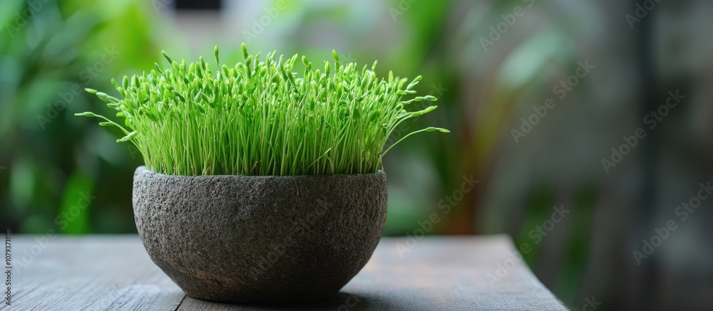 Green rice sprouts growing in a textured stone flower pot on a rustic wooden table enhancing the ambiance of a tranquil cafe near a lush tropical jungle Green rice sprouts growing in a textured stone flower pot on a rustic wooden table enhancing the ambiance of a tranquil cafe near a lush tropical jungle