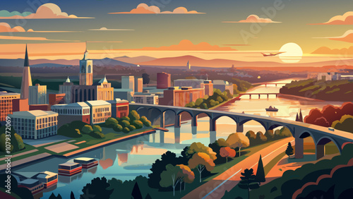 Aerial panorama of Richmond, Virginia, at sunset. Richmond is the capital city of the Commonwealth of Virginia. Manchester Bridge spans James River