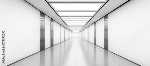 Interior diminishing perspective view of a modern gallery corridor surrounded by white walls and sleek partitions showcasing artistic architecture photo