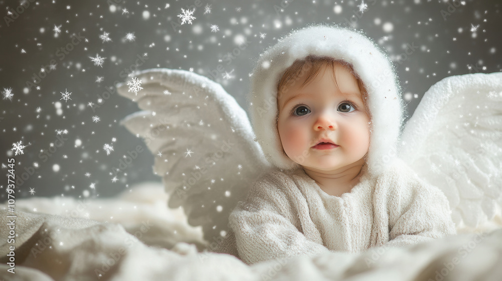 Adorable baby dressed as an angel with snowy background for holiday cards Adorable baby dressed as an angel with snowy background for holiday cards