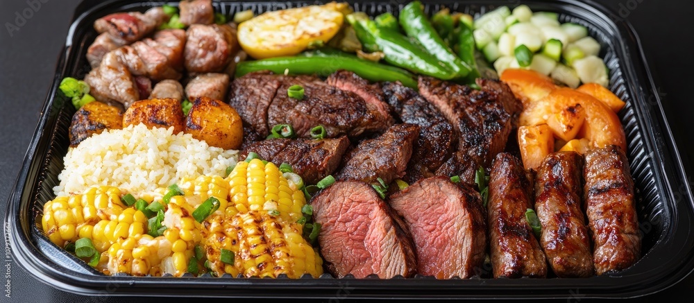 Grilled beef platter arranged for takeout perfect for family meals and gatherings Grilled beef platter arranged for takeout perfect for family meals and gatherings