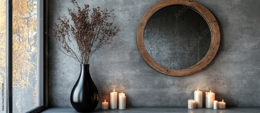 Interior design featuring a black vase with dried flowers round wooden mirror and candles against a concrete grey wall ideal for modern apartment aesthetics Interior design featuring a black vase with dried flowers round wooden mirror and candles against a concrete grey wall ideal for modern apartment aesthetics