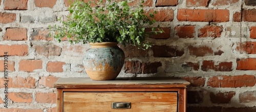 Green plants in a pottery vase on a wooden drawer against a red brick wall enhancing the empty living room s aesthetic charm photo