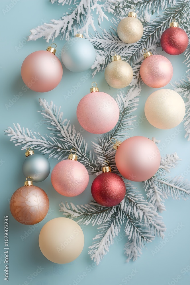 Christmas tree decorations on a pastel blue background