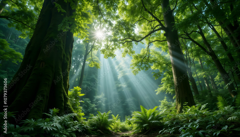 Fototapeta premium Rainforest canopy with serene sunlight beams illuminating lush foliage and ferns