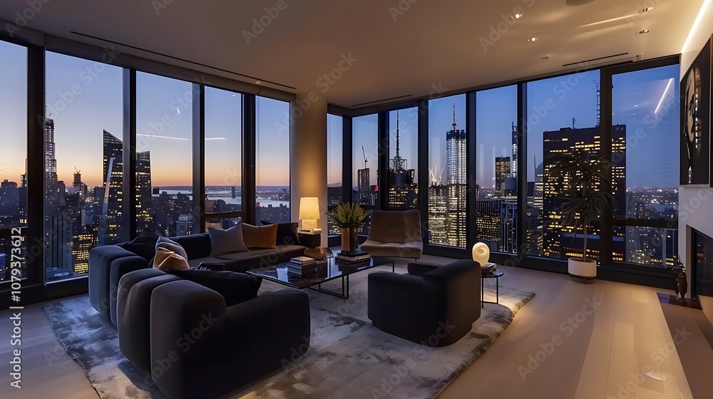 Stylish modern living room with dark furniture, a light rug, and large windows offering views of a cityscape Stylish modern living room with dark furniture, a light rug, and large windows offering views of a cityscape
