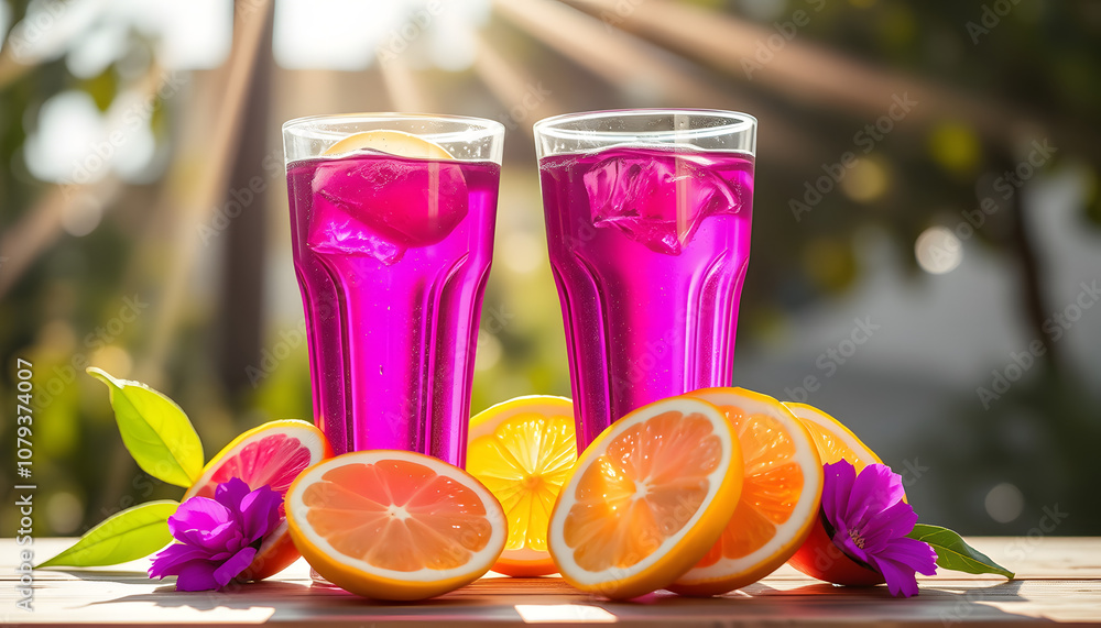 the glasses are filled with a purple drink with lemon on top in the rays of the bright sun. Purple tea in glasses, next to pieces of lemon isolated with white highlights, png the glasses are filled with a purple drink with lemon on top in the rays of the bright sun. Purple tea in glasses, next to pieces of lemon isolated with white highlights, png