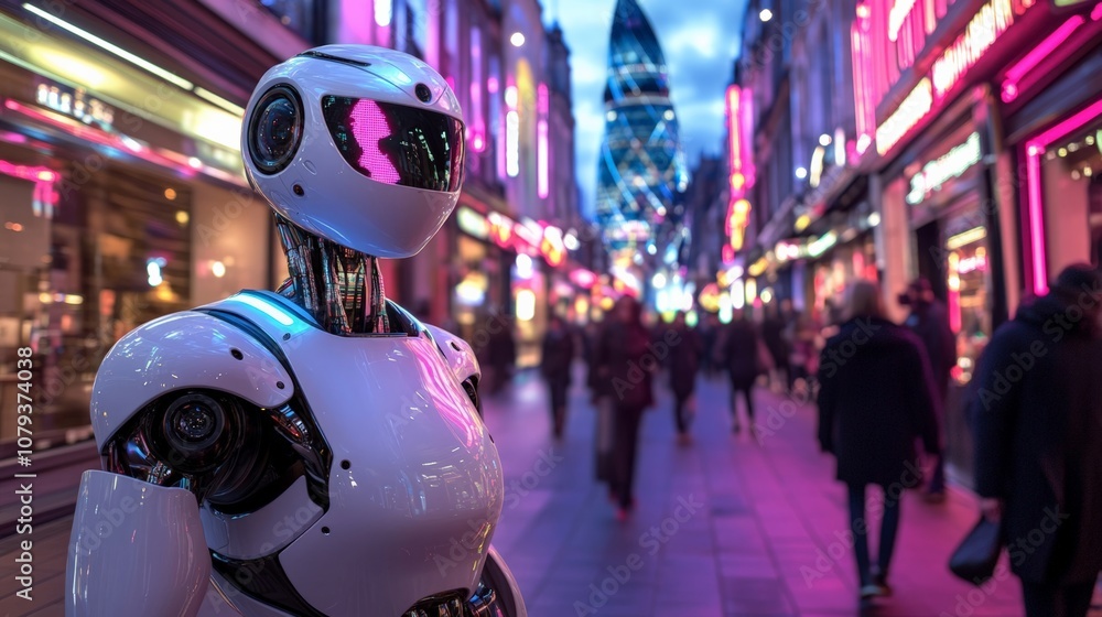 Futuristic Robot Stands in a Colorful City Street at Night, Surrounded by Neon Lights and Busy Passersby Futuristic Robot Stands in a Colorful City Street at Night, Surrounded by Neon Lights and Busy Passersby