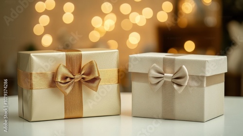 Elegant gold and cream gift boxes with satin ribbons on a white table creating a joyful atmosphere for special occasions