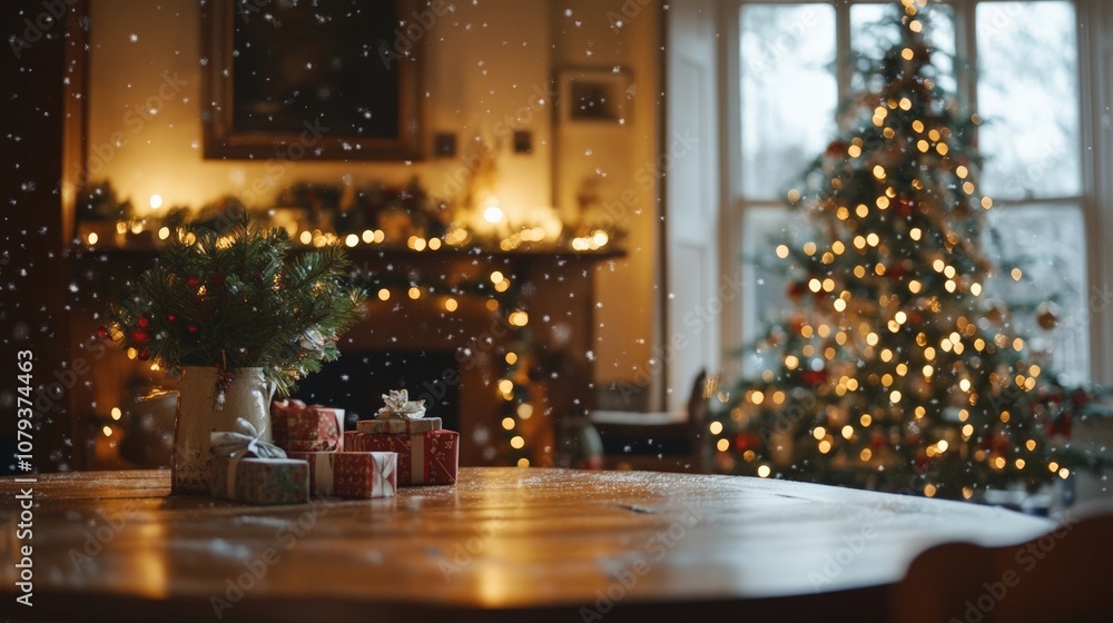 Cozy Christmas Living Room with a Beautiful Tree and Presents on the Table Cozy Christmas Living Room with a Beautiful Tree and Presents on the Table