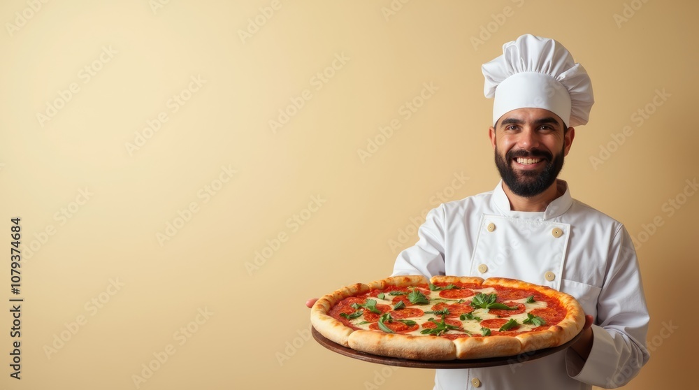 A Pizzaiolo Proudly Holding a Fresh, Hot Pizza Against a Soft Pastel Background, Featuring Ample Copy Space for Culinary Promotions and Menus.
A Pizzaiolo Proudly Holding a Fresh, Hot Pizza Against a Soft Pastel Background, Featuring Ample Copy Space for Culinary Promotions and Menus.